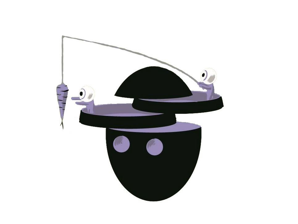 Illustration von zwei Figuren auf einer Kugel mit verschiedenen Ebenen. Die eine Figur hält der anderen eine Karotte an einer Angel vor die Nase.