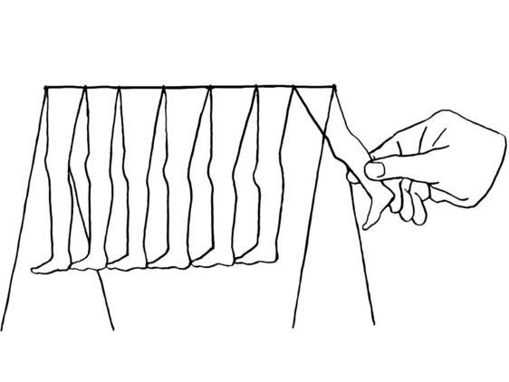 Illustration von aufgehängten Beinen. Das hinterste wird angehoben und soll beim Loslassen die anderen anstoßen.