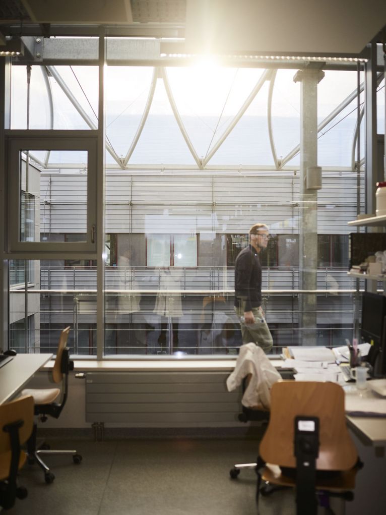 Blick in ein Büro in einem verglasten Gebäude, eine Person geht hinter der Glaswand des Büros vorbei.