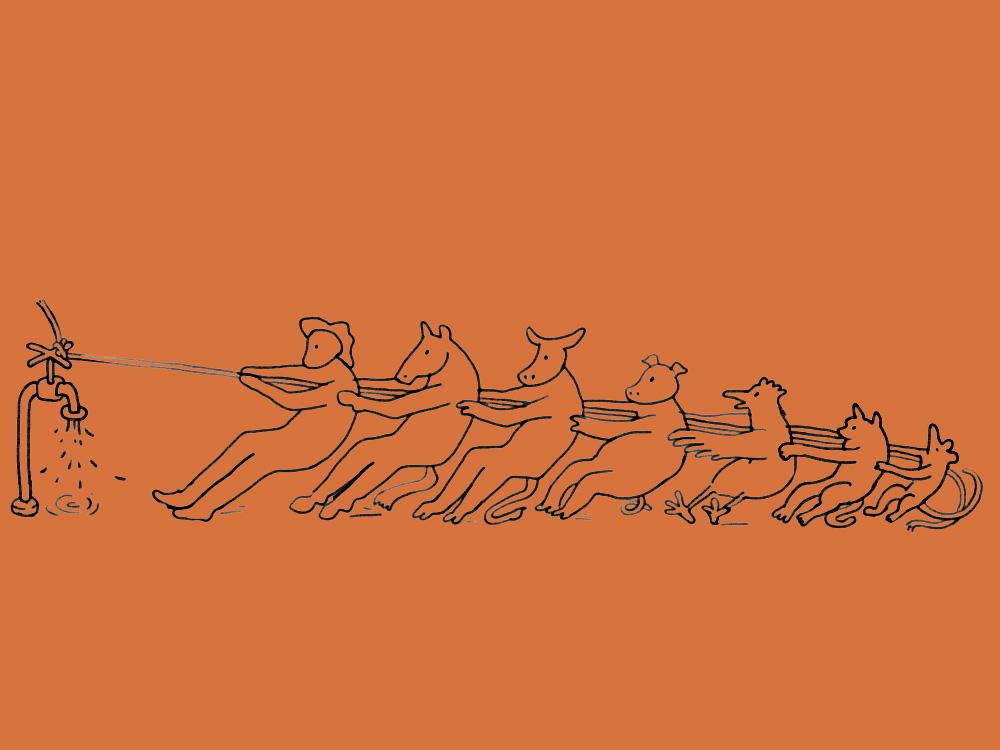 Illustration von Tieren, die gemeinsam an einem Seil ziehen, das an einem Wasserhahn befestigt ist.