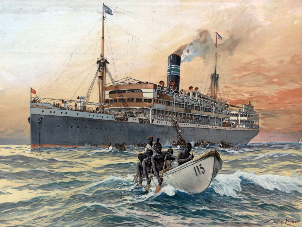 Kolonialzeitlicher Dampfer vor der afrikanischen Küste, Einheimische in Kanus beladen das Schiff