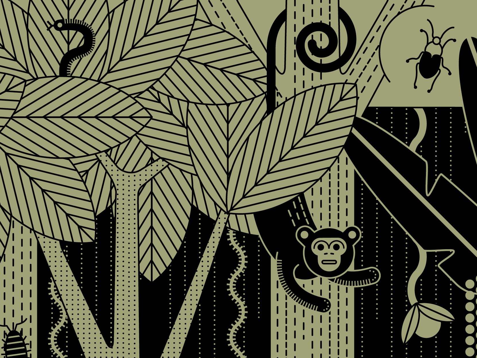 Illustration:Große Blätter, Stämme, Affe hängt an einem Baum, Insekten, eine Schlange.