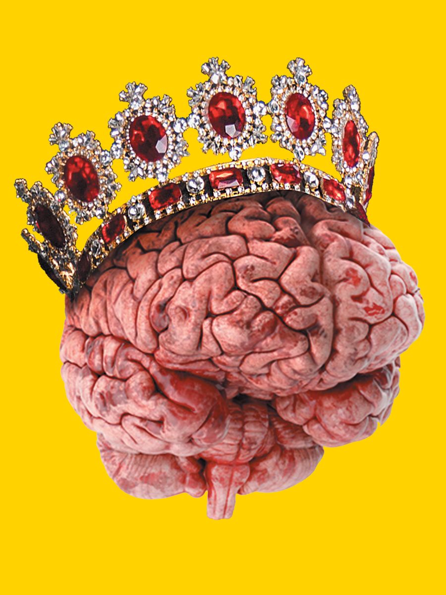 Illustration eines Gehirns mit einer goldenen Krone auf gelbem Grund.