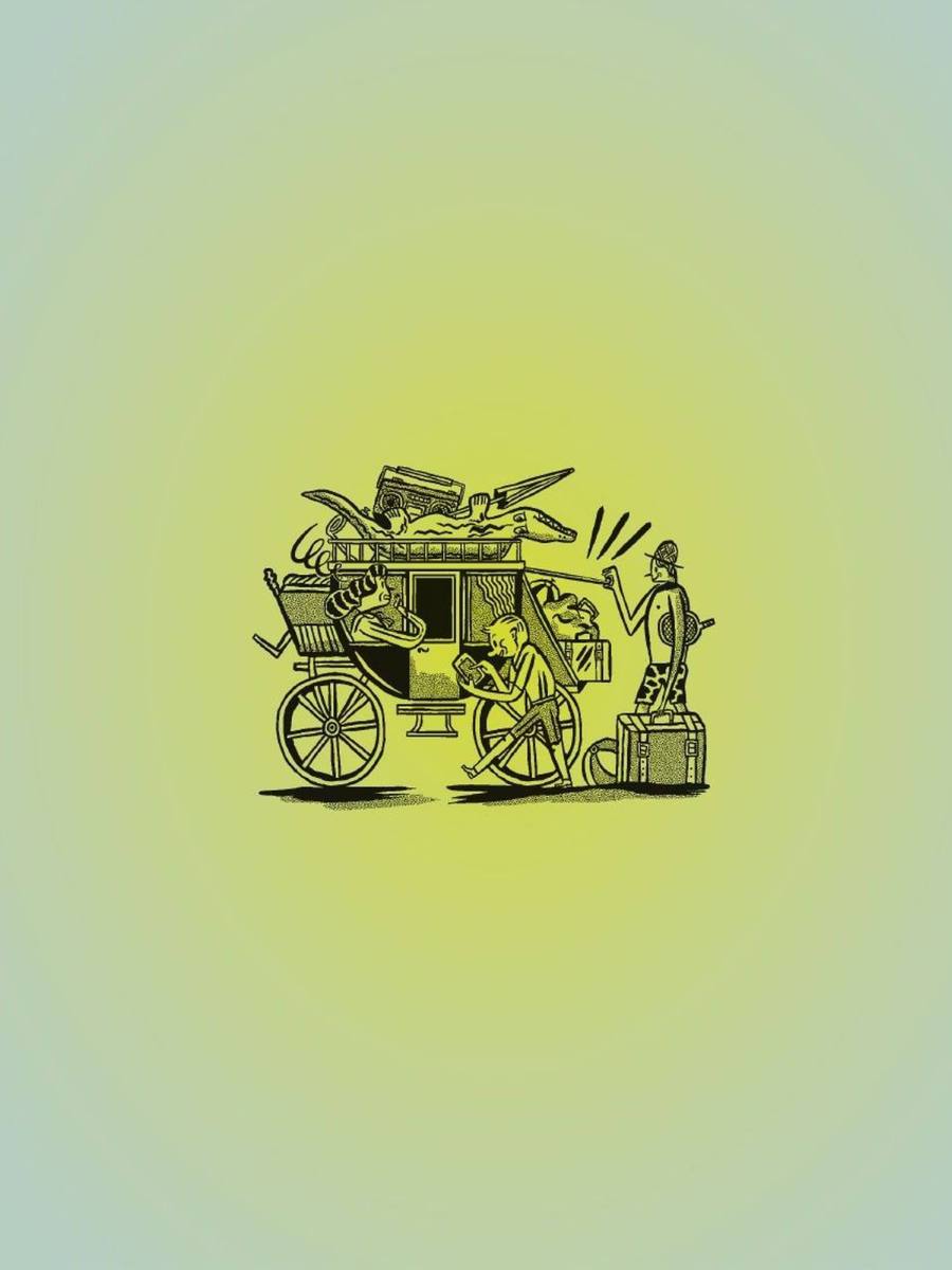 Illustration einer voll bepackten Kutsche und zwei Personen.