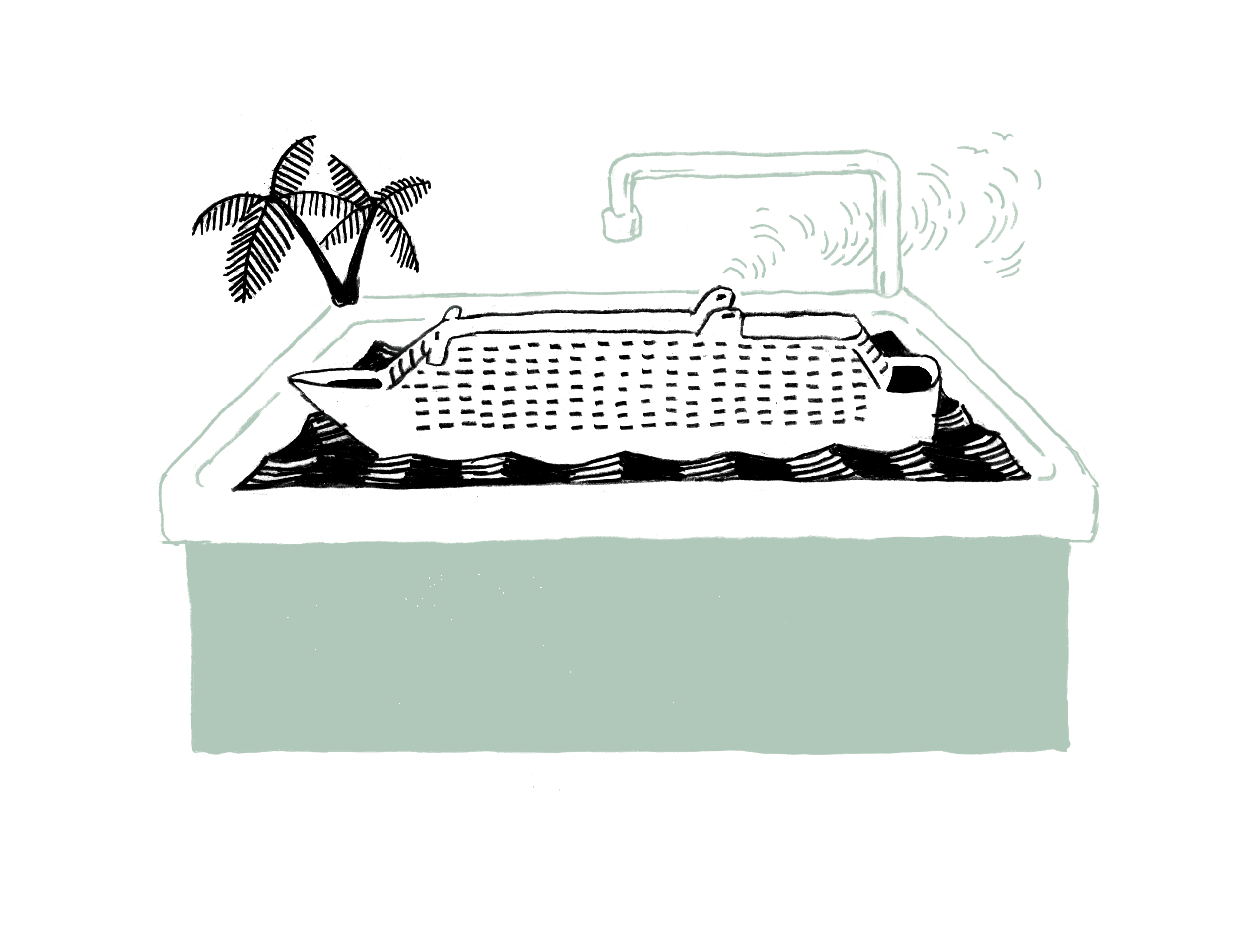 Illustration eines Kreuzfahrtschiffes, das in einer Badewanne schwimmt.