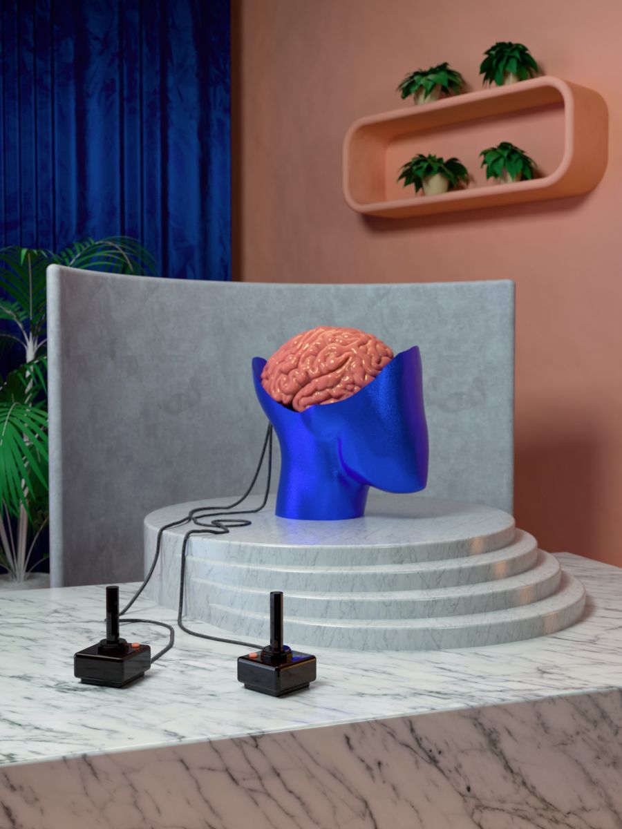 Gemälde eines Gehirns, das von zwei Joysticks gesteuert wird