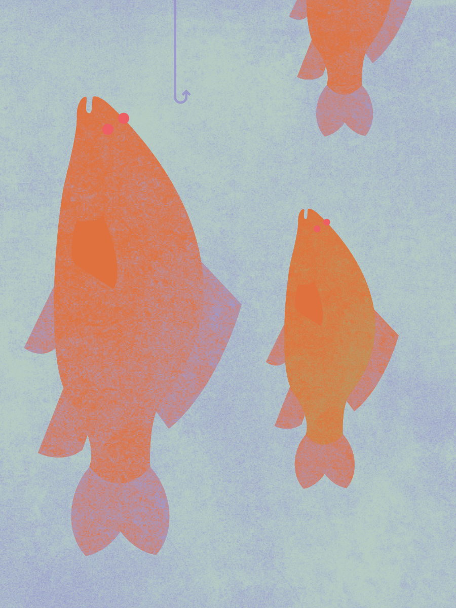 Illustration von Fischen am Haken.